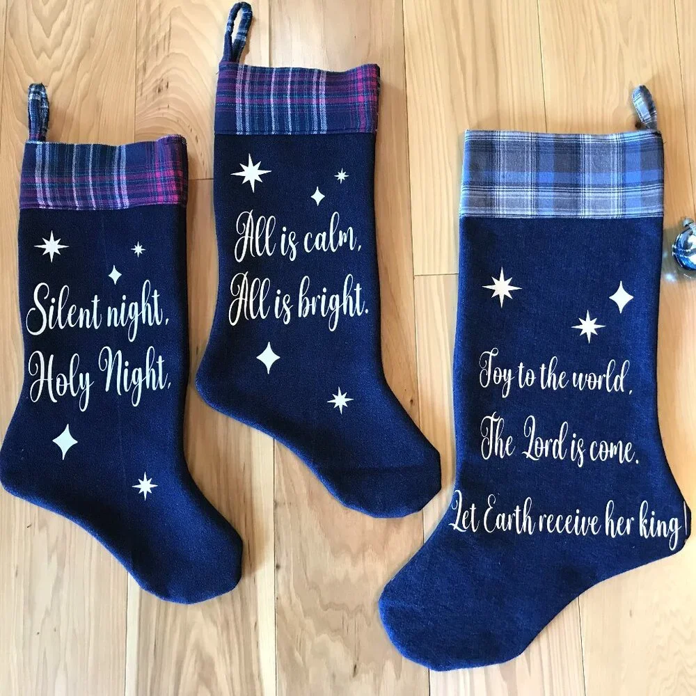 Denim Christmas Stocking, Old Fashioned Holiday Home Decor Silent Night Lyrics